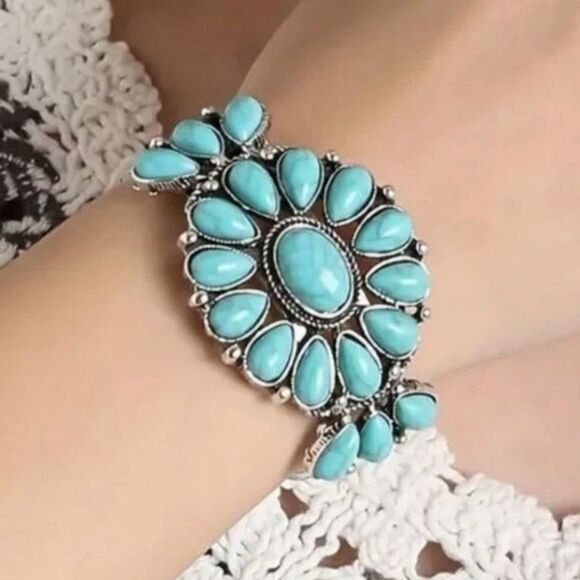Blue Turquoise Concho Southwest Adjustable Cuff Bracelet Womens Casual Western - Picture 1 of 4